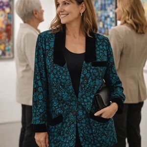 Flora Kung Silk Kimono Blazer L XL Teal Black Swirl Velvet Art Jacket
